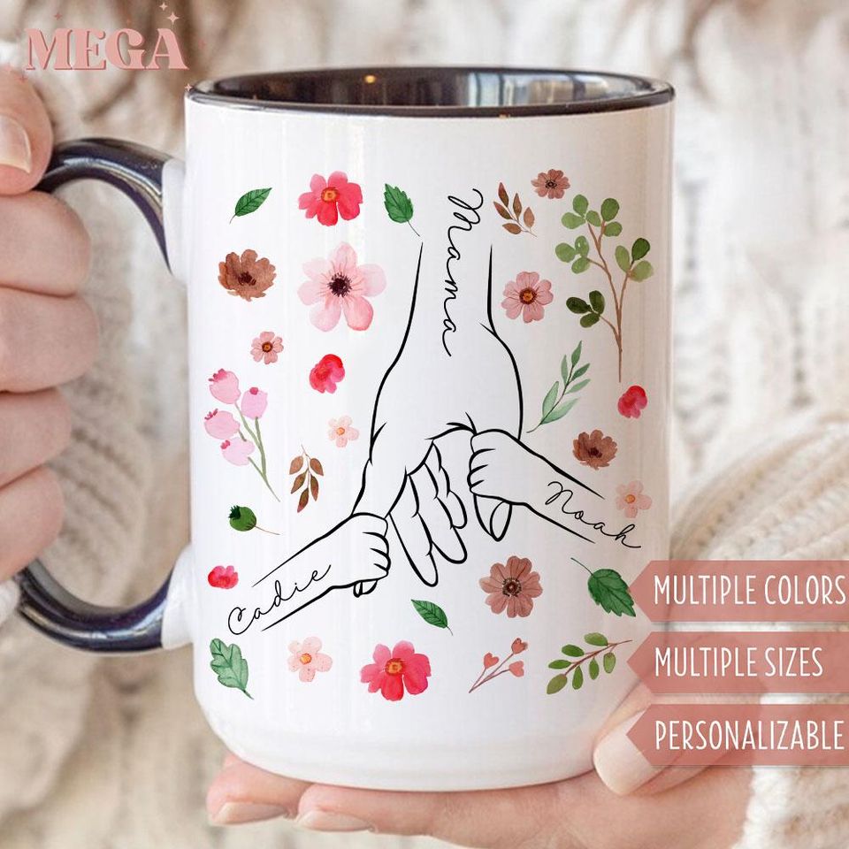 Custom Mom Mug, Personalized Holding Mom Hands Mug, Mom Mug with Kids' Names, Custom Gift for Mama 005604