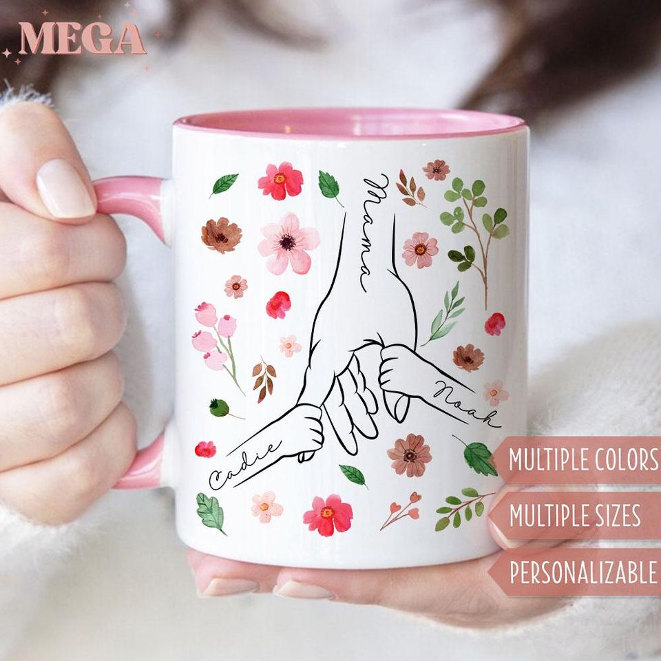 Custom Mom Mug, Personalized Holding Mom Hands Mug, Mom Mug with Kids' Names, Custom Gift for Mama 005604