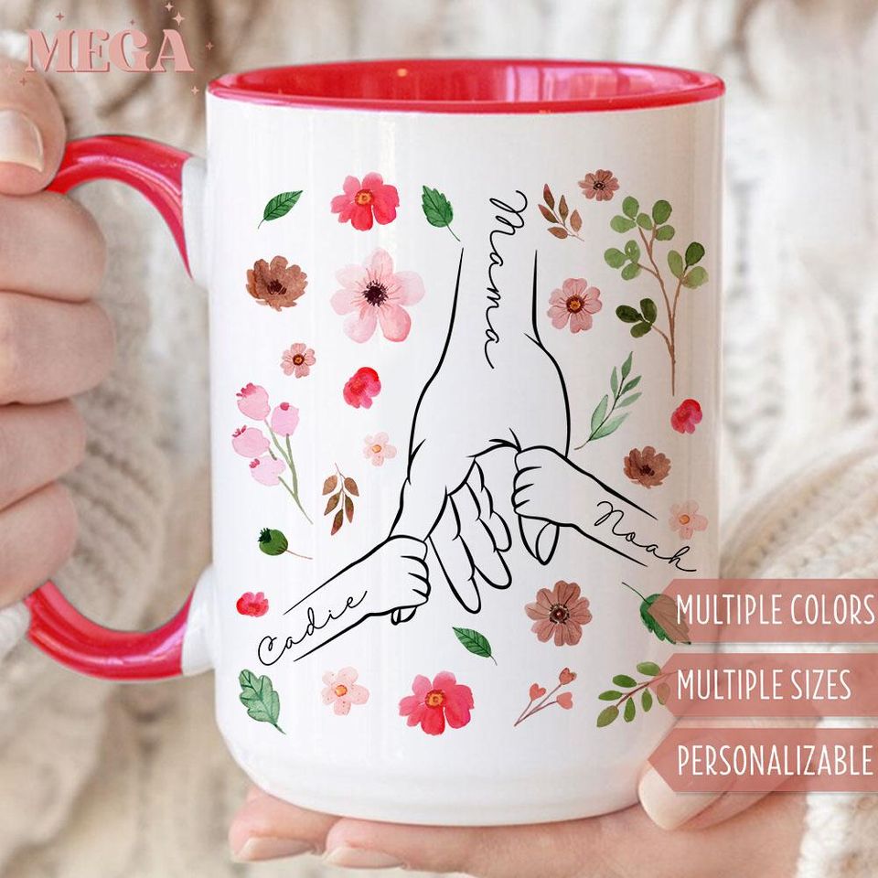 Custom Mom Mug, Personalized Holding Mom Hands Mug, Mom Mug with Kids' Names, Custom Gift for Mama 005604