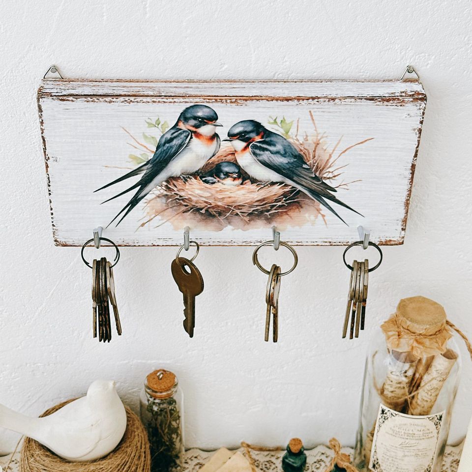 Wall Swallow Key Holder, Small Wooden Key Rack, Farmhouse Entryway Decor