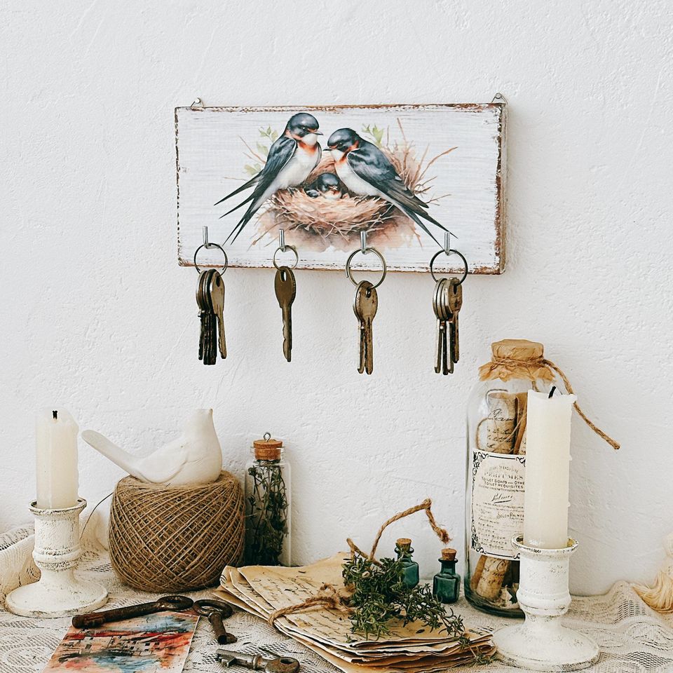 Wall Swallow Key Holder, Small Wooden Key Rack, Farmhouse Entryway Decor
