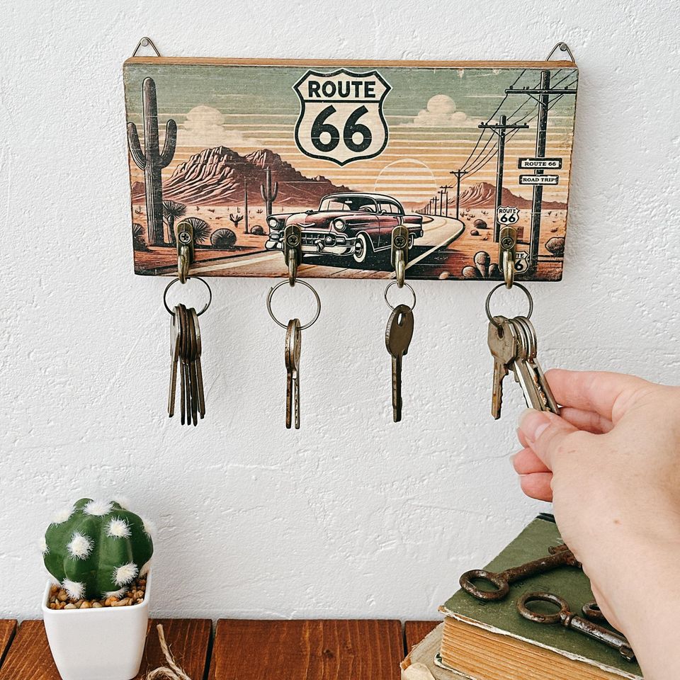 Rustic Route 66 Wooden Wall Key Holder, Retro Home Decor