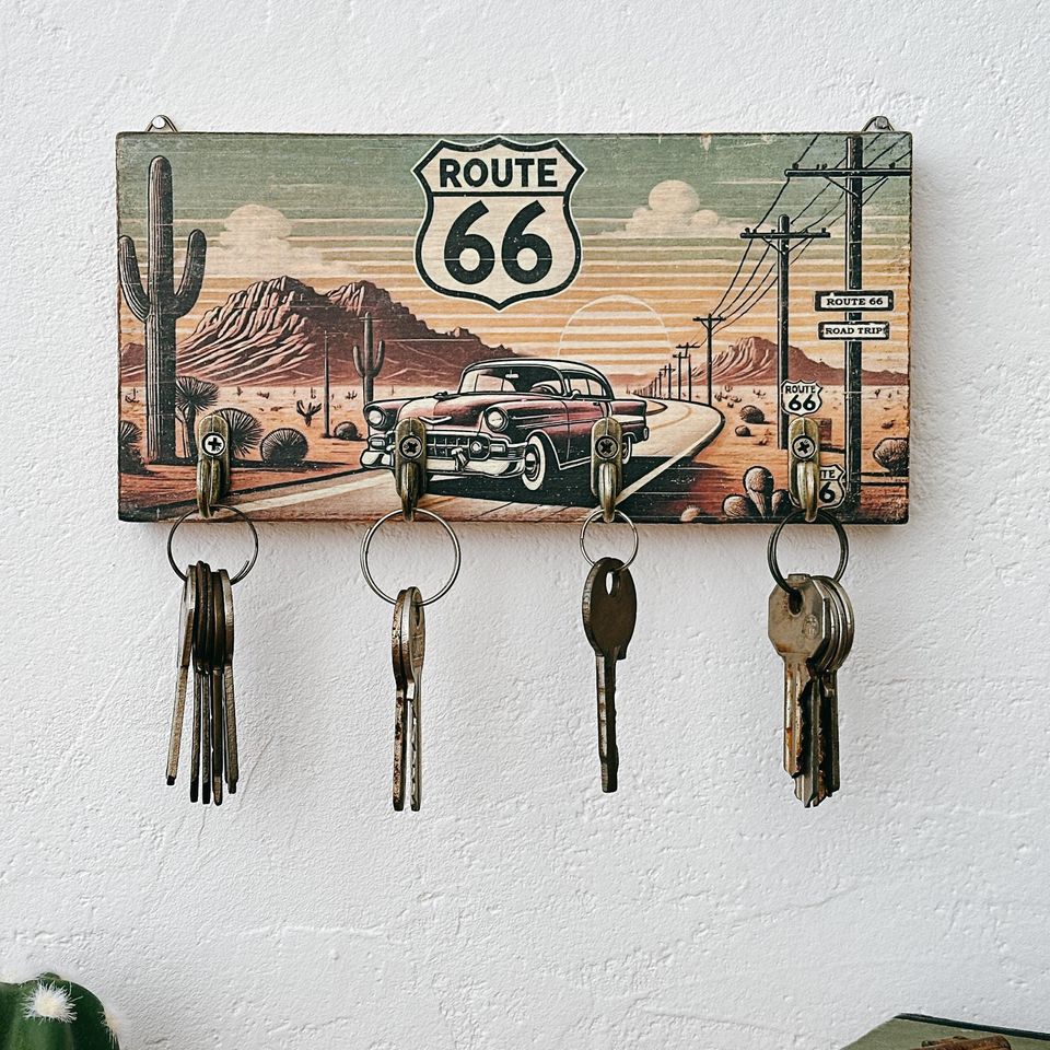 Rustic Route 66 Wooden Wall Key Holder, Retro Home Decor
