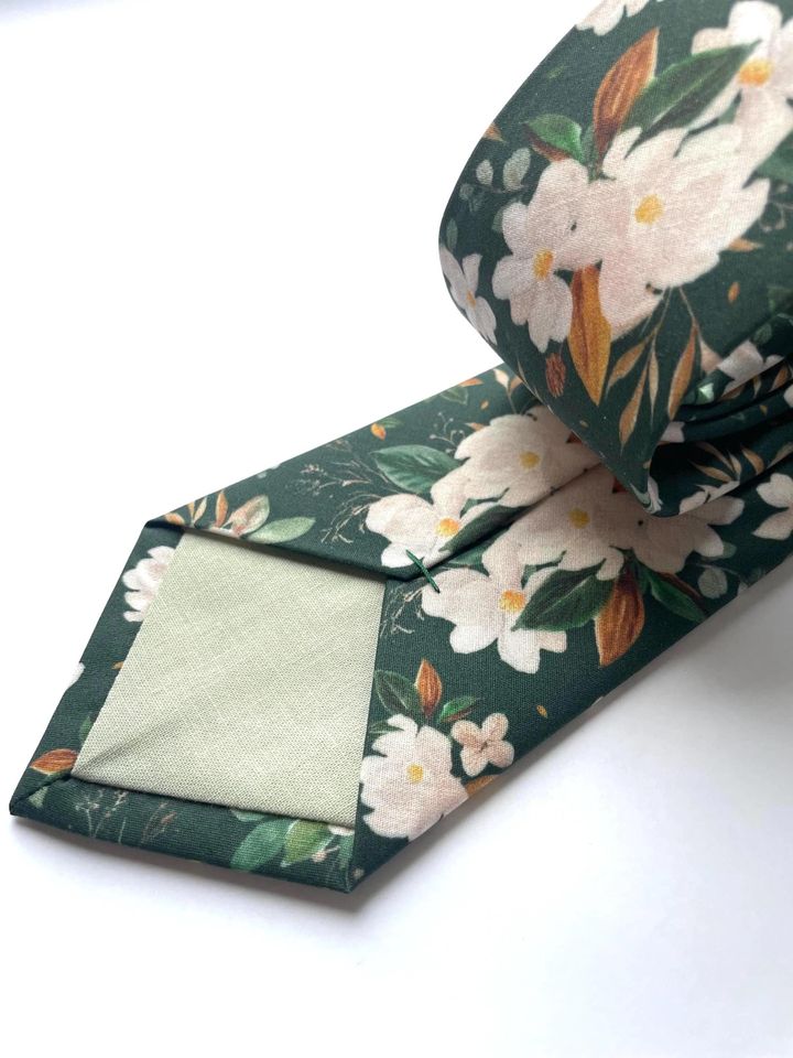 Emerald green floral neck tie, floral green wedding long tie for men and boys