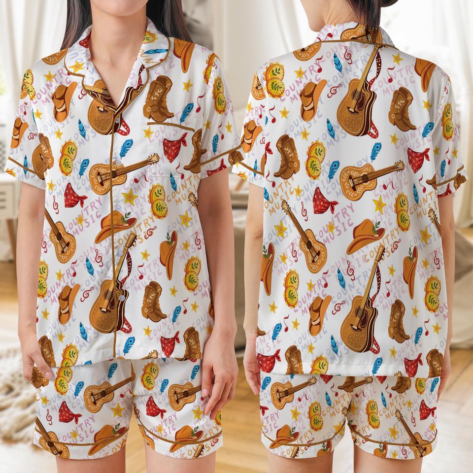 Country Music Pajamas Set Satin , All Over Print Short Sleeve Pajamas , Cozy Womens Sleepwear