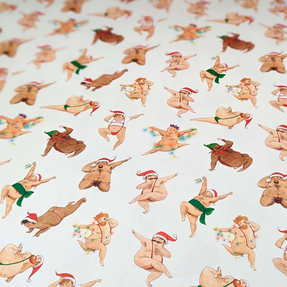 Christmas wrapping paper, funny men dancing holiday gift wrap
