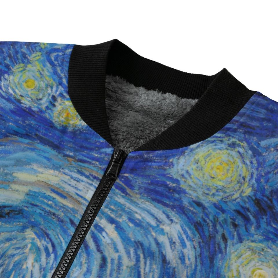 Starry Night Bomber Jacket: Van Gogh Fleece-Lined Recycled Polyester