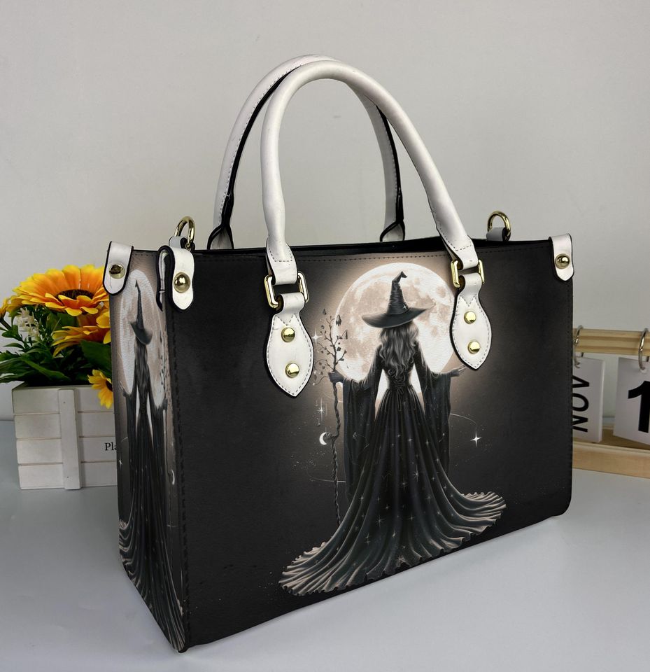 Witch Spooky Halloween Leather Handbag, Witch Halloween Leather Bag, Shoulder Bag, Crossbody Bag, Top Handle Bag
