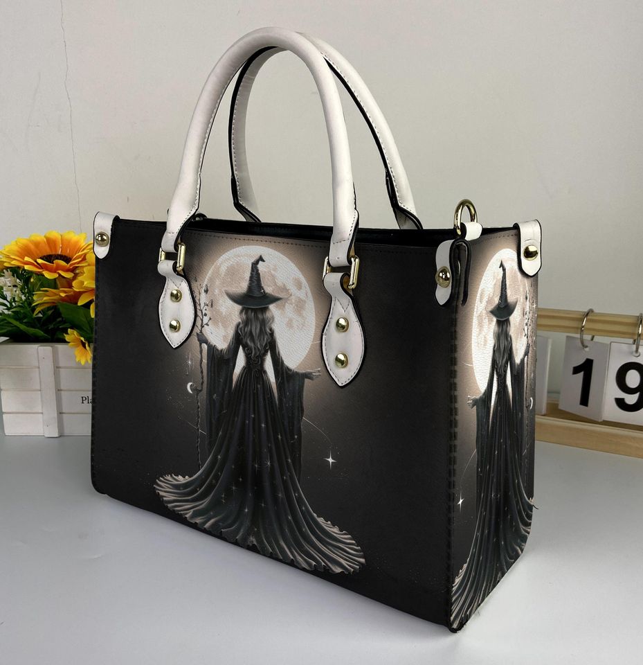 Witch Spooky Halloween Leather Handbag, Witch Halloween Leather Bag, Shoulder Bag, Crossbody Bag, Top Handle Bag