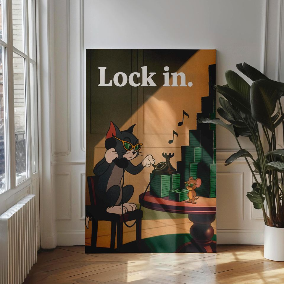 Lock In Wall Art, Motivational Money Poster, Inspired Funny Hustle Art, Vintage Cartoon Wall Home Office Decor