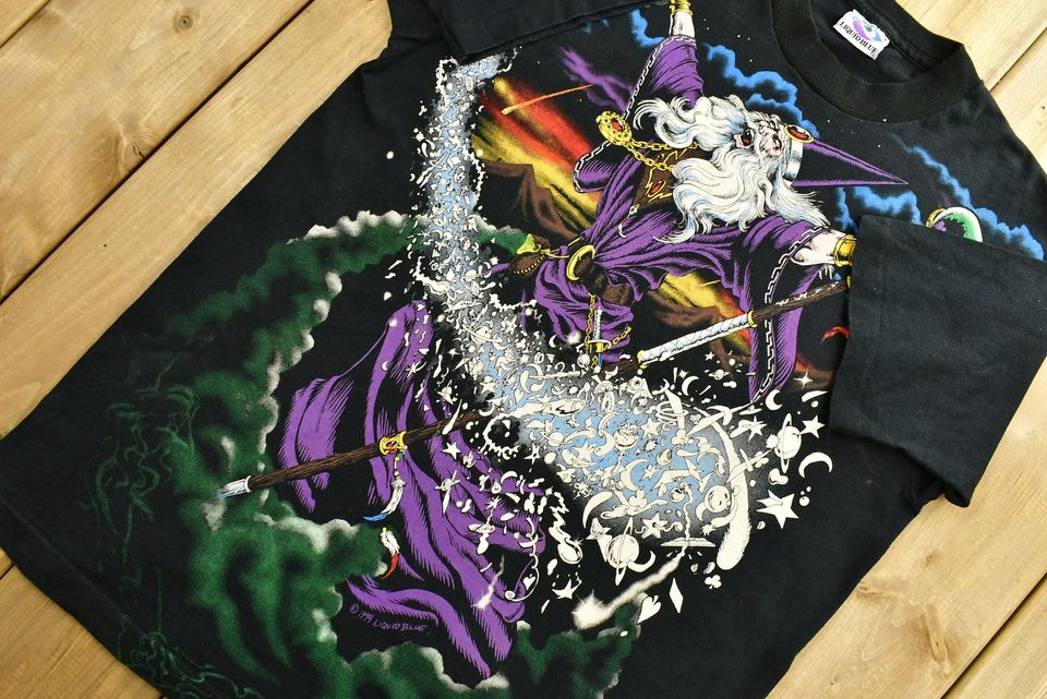Vintage 1994 Liquid Blue All Over Wizard Graphic Print T-Shirt