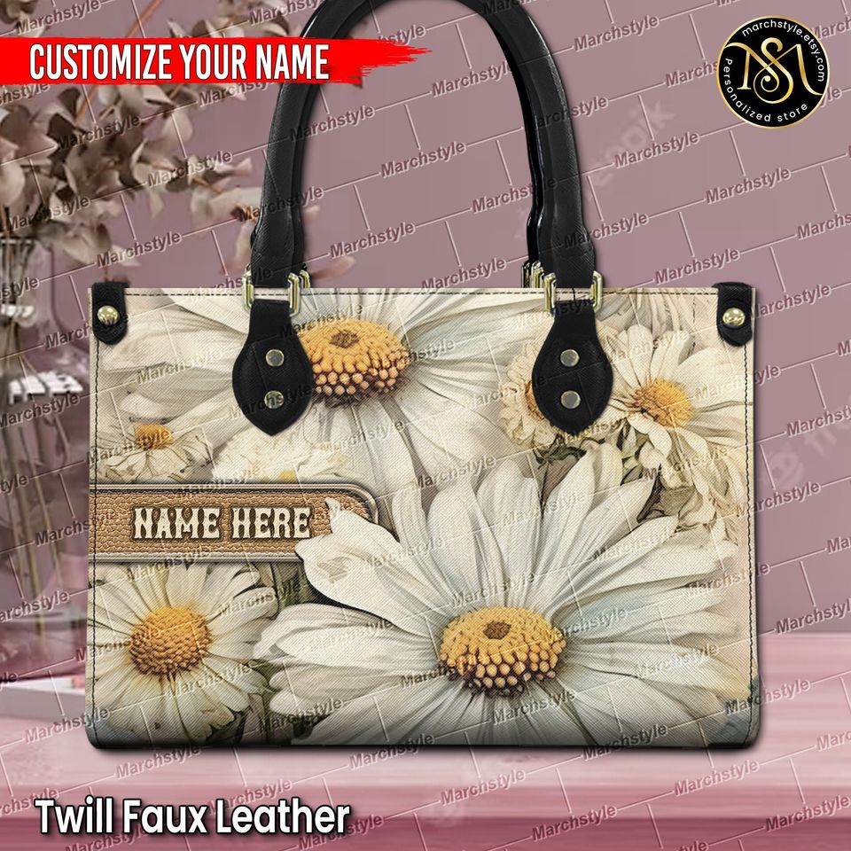 Marchstyle - Personalized PU Leather Handbag With Daisy Flower, Custom Name Wallet With Vintage Style Daisies, April Birthday Bag