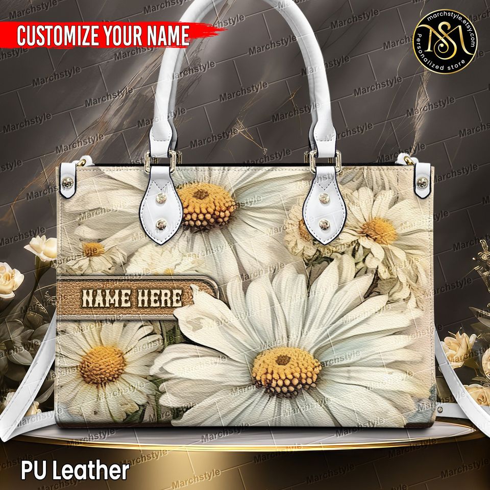 Marchstyle - Personalized PU Leather Handbag With Daisy Flower, Custom Name Wallet With Vintage Style Daisies, April Birthday Bag