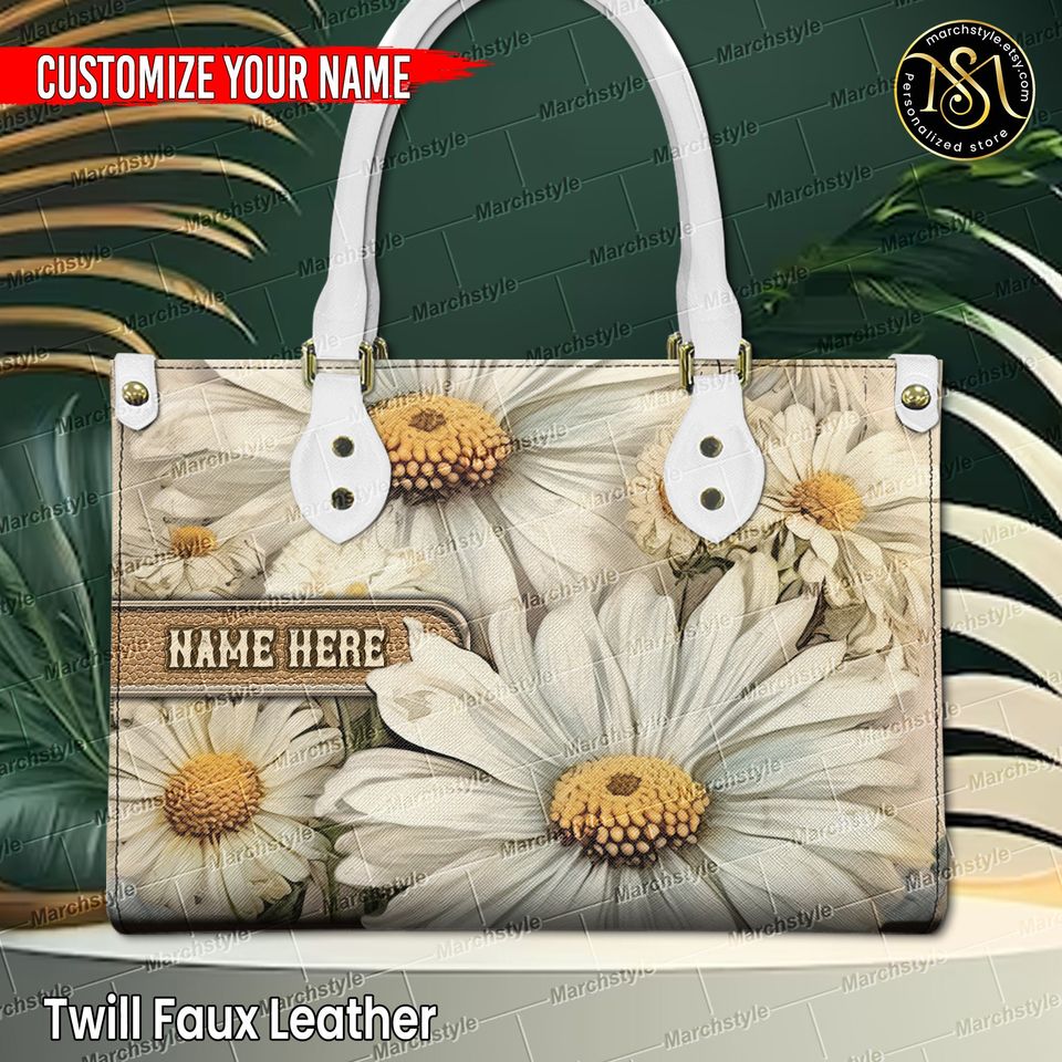 Marchstyle - Personalized PU Leather Handbag With Daisy Flower, Custom Name Wallet With Vintage Style Daisies, April Birthday Bag