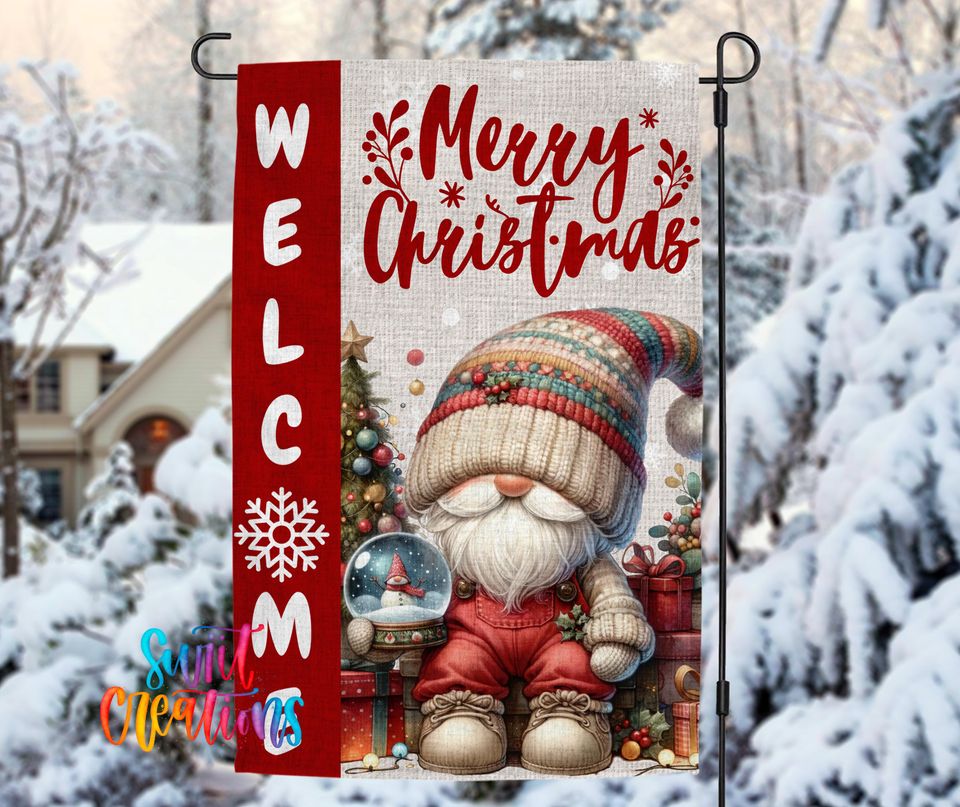 Merry Christmas Garden Flag, Gnome Holiday Yard Flag, Winter Porch Decor, Outdoor Christmas Flag