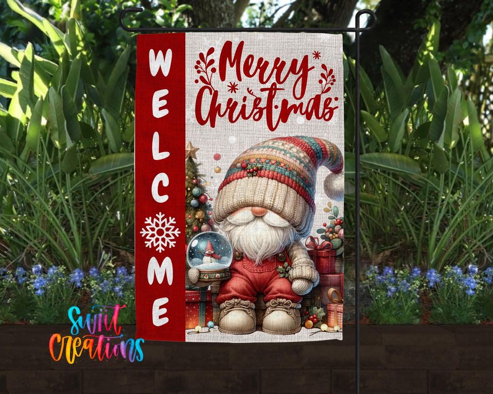 Merry Christmas Garden Flag, Gnome Holiday Yard Flag, Winter Porch Decor, Outdoor Christmas Flag