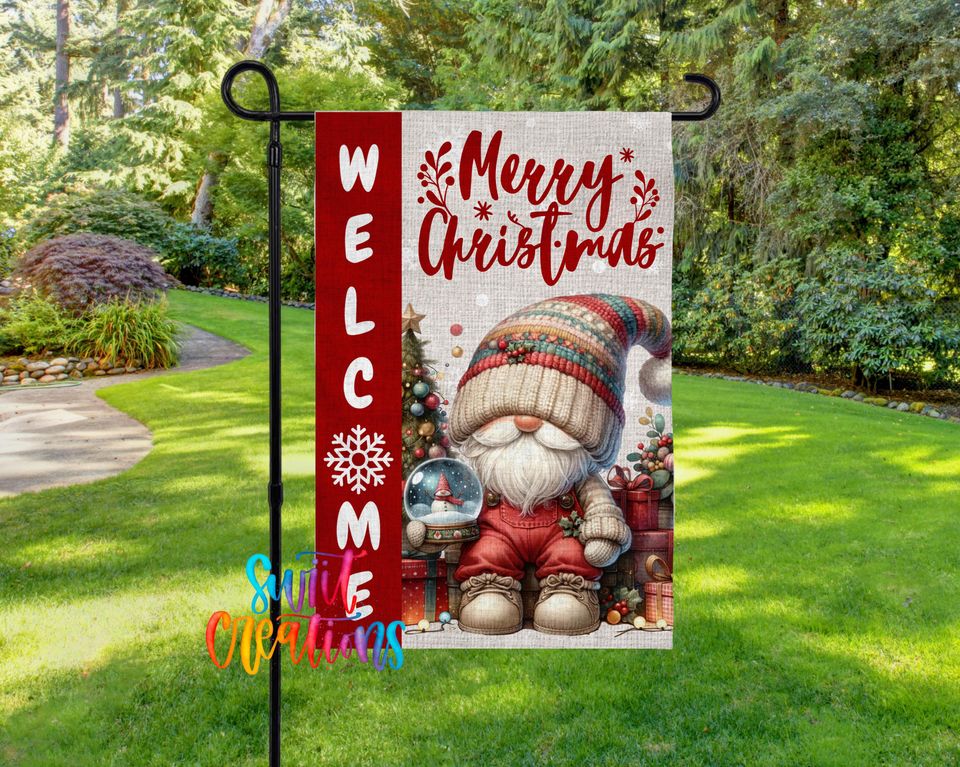 Merry Christmas Garden Flag, Gnome Holiday Yard Flag, Winter Porch Decor, Outdoor Christmas Flag