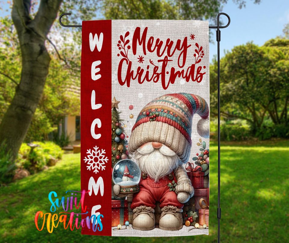 Merry Christmas Garden Flag, Gnome Holiday Yard Flag, Winter Porch Decor, Outdoor Christmas Flag