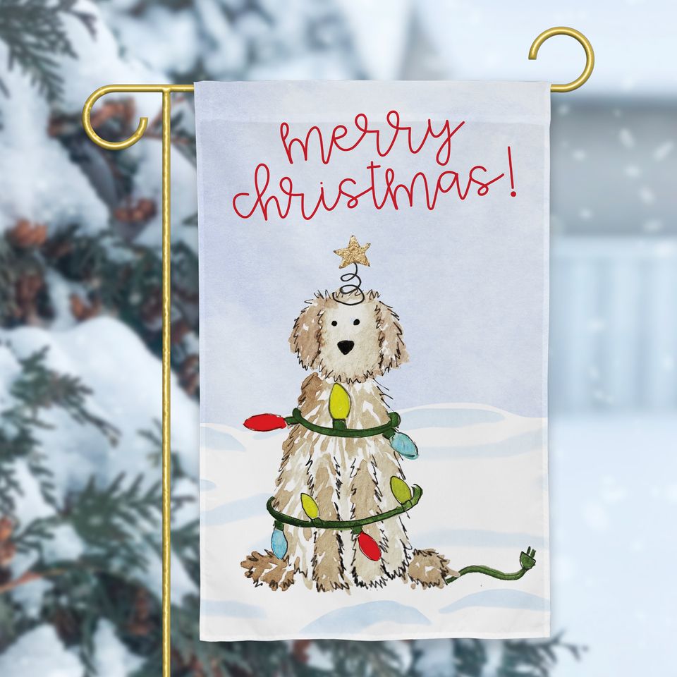 Festive Christmas Doodle Garden Flag | Christmas Goldendoodle, Holiday Labradoodle, Bernadoodle Garden Flag
