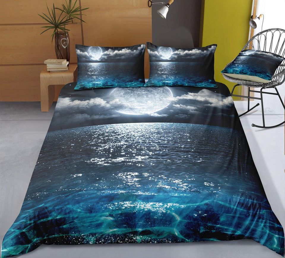 3D Night Duvet Cover Set, Sea Quilt Cover, Moon & Cloud Bedding