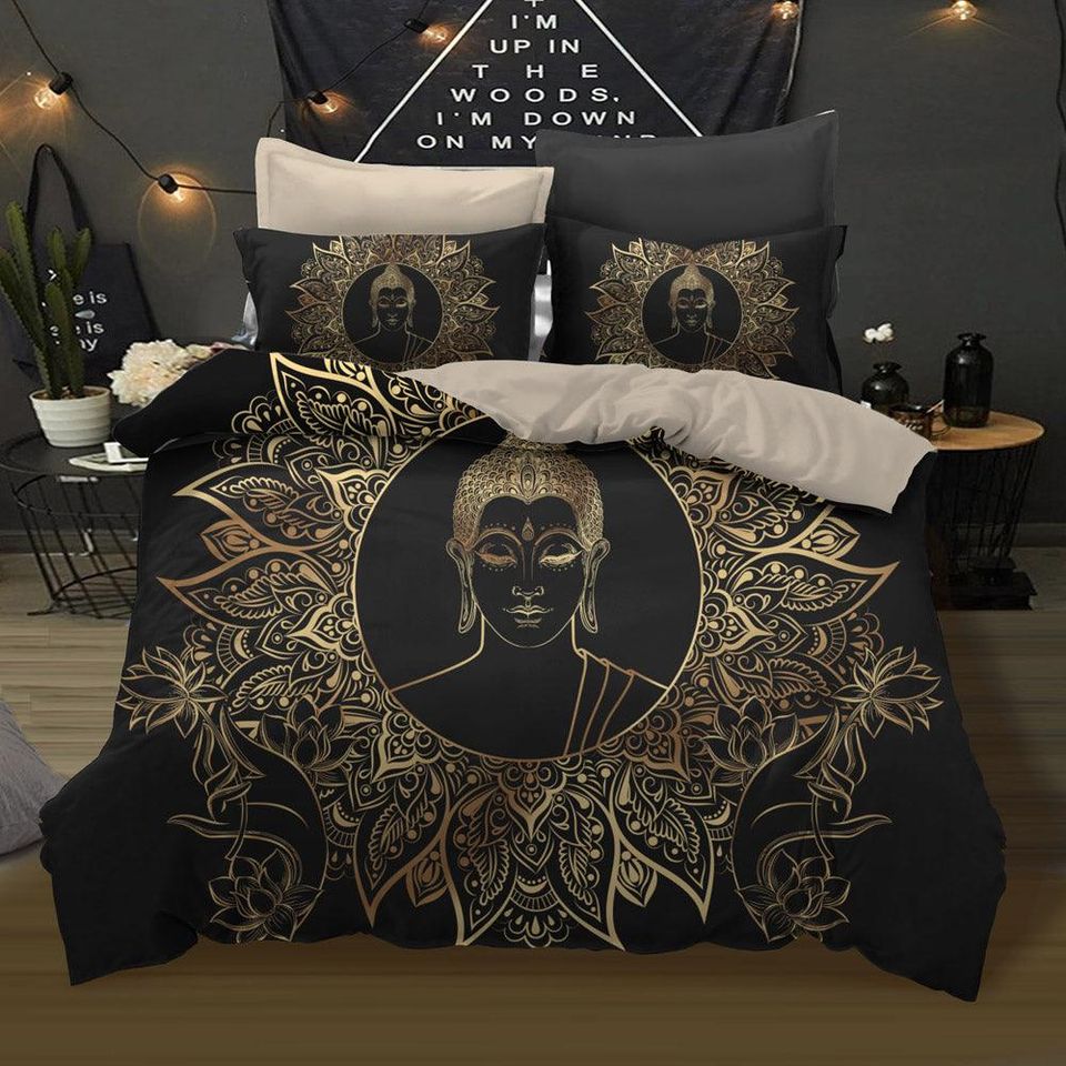 3D Buddha Duvet Cover Set, Floral & Lotus Bedding, Leaf Pattern Quilt Cover