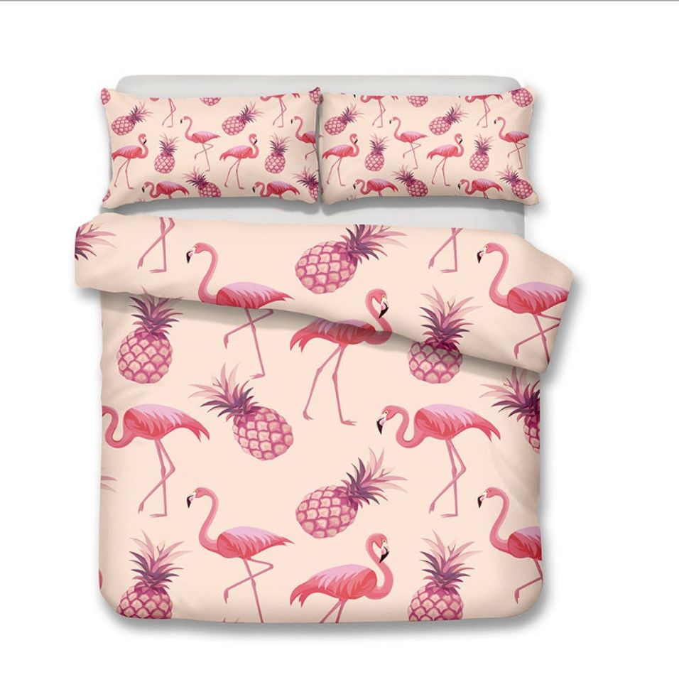 3D Flamingo Duvet Cover Set, Pineapple Quilt Cover, Pink Bedding Set