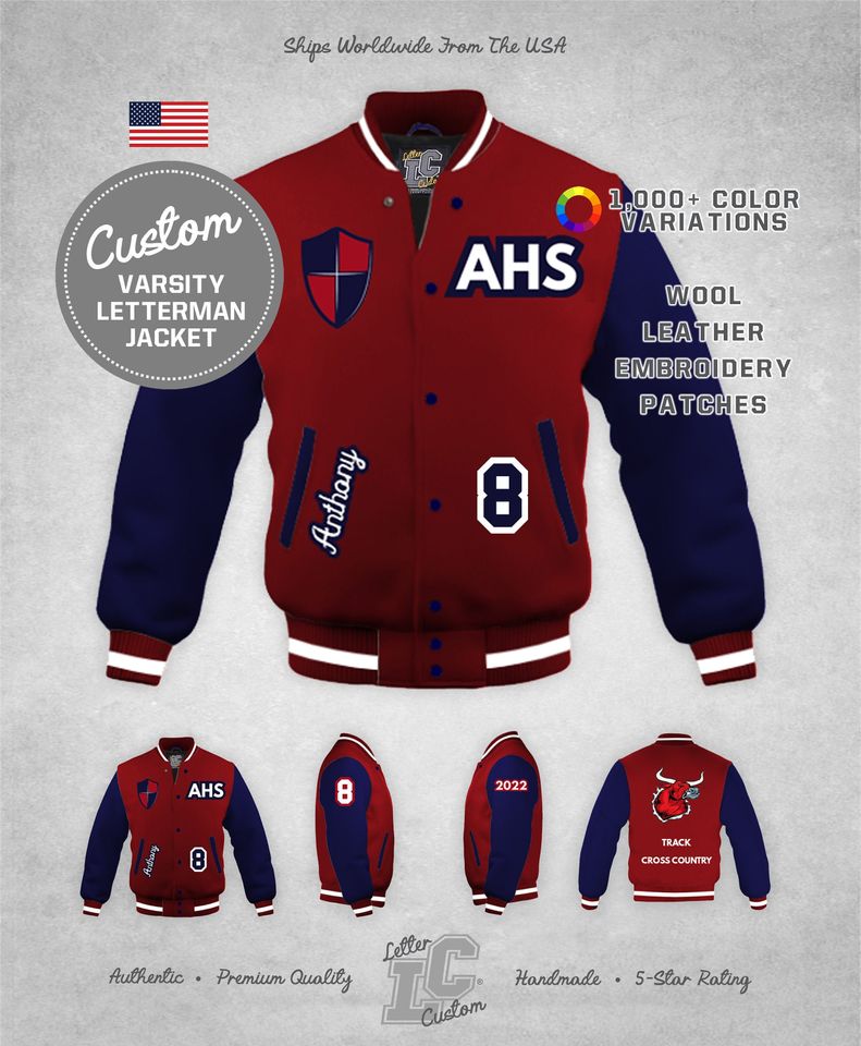 Custom Varsity Letterman Jersey Jacket Navy Blue & Cardinal Red Wool Premium Authentic LetterCustom Handmade