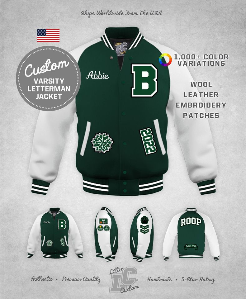 Custom Varsity Cheerleader Jacket White & Hunter Green Wool Premium Authentic LetterCustom Handmade