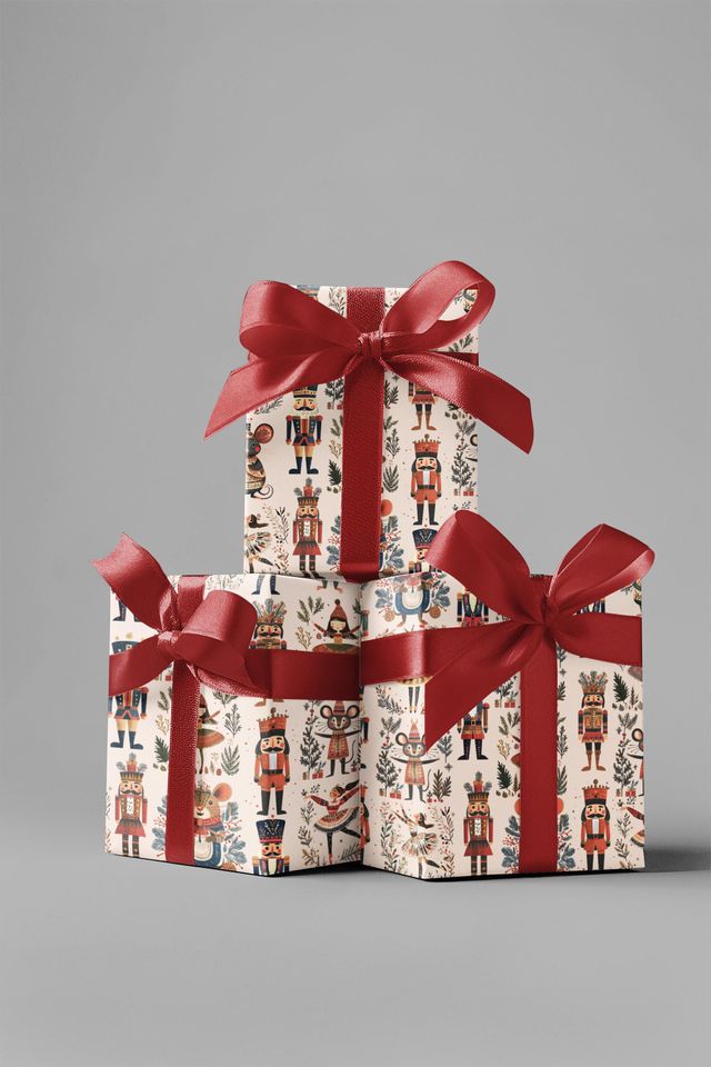 Nutcracker Wrapping Paper, Christmas Gift Wrap Sheet, Ballet Mouse King Soldier for xmas Pattern
