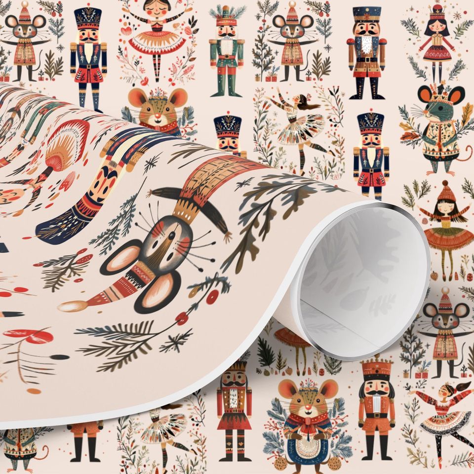 Nutcracker Wrapping Paper, Christmas Gift Wrap Sheet, Ballet Mouse King Soldier for xmas Pattern