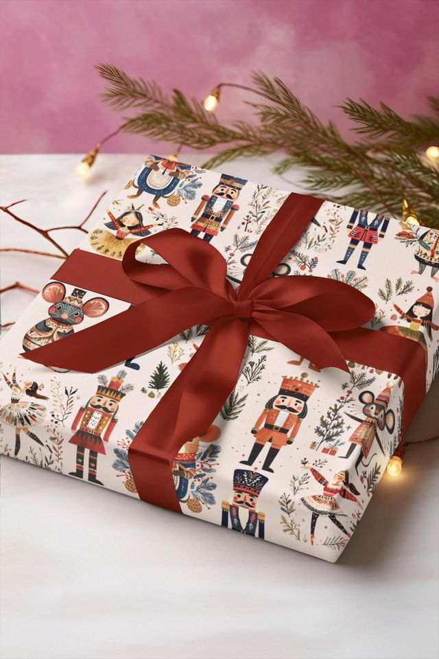 Nutcracker Wrapping Paper, Christmas Gift Wrap Sheet, Ballet Mouse King Soldier for xmas Pattern