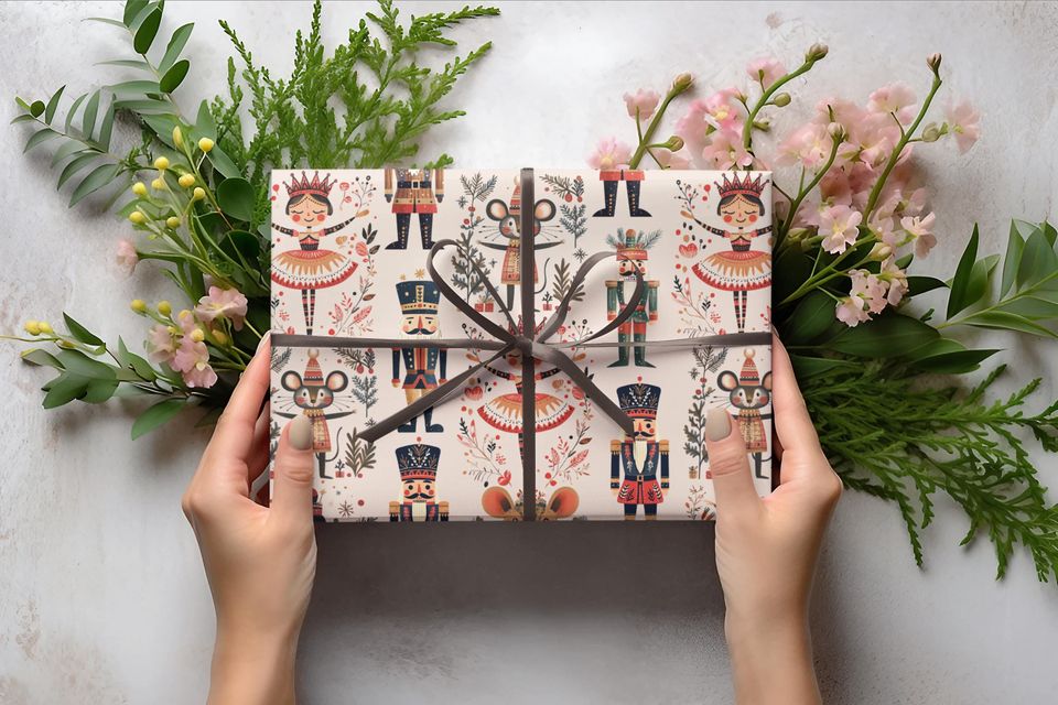 Nutcracker Wrapping Paper, Christmas Gift Wrap Sheet, Ballet Mouse King Soldier for xmas Pattern