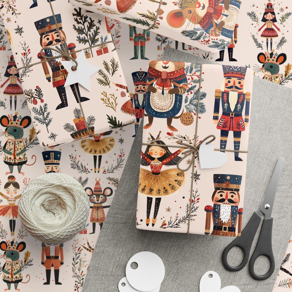 Nutcracker Wrapping Paper, Christmas Gift Wrap Sheet, Ballet Mouse King Soldier for xmas Pattern