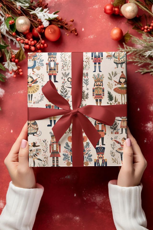 Nutcracker Wrapping Paper, Christmas Gift Wrap Sheet, Ballet Mouse King Soldier for xmas Pattern