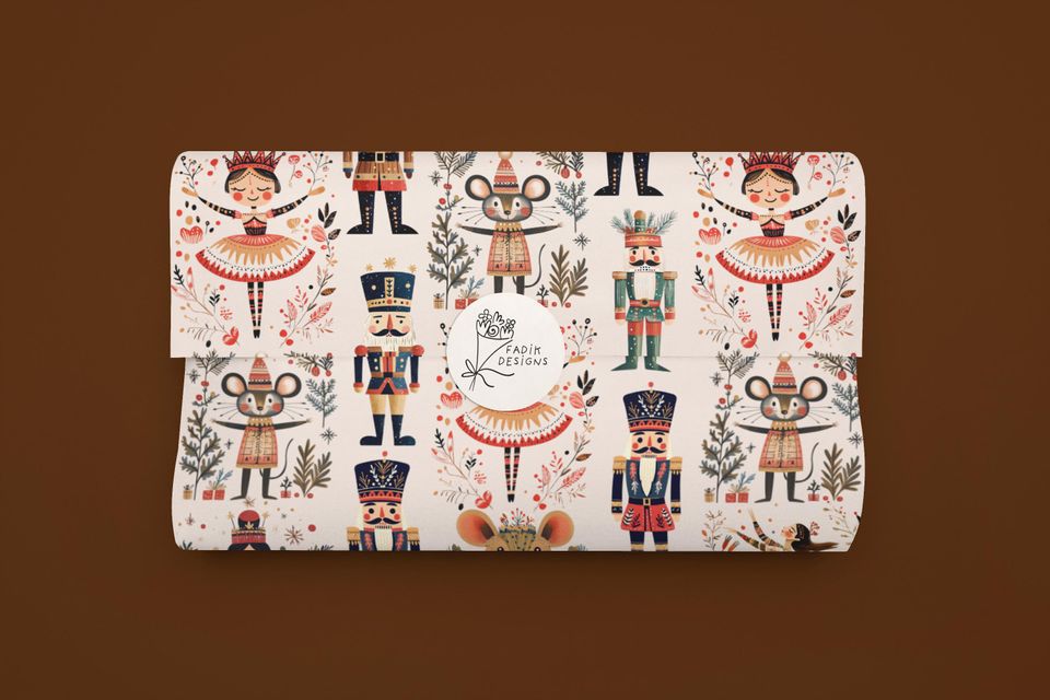 Nutcracker Wrapping Paper, Christmas Gift Wrap Sheet, Ballet Mouse King Soldier for xmas Pattern