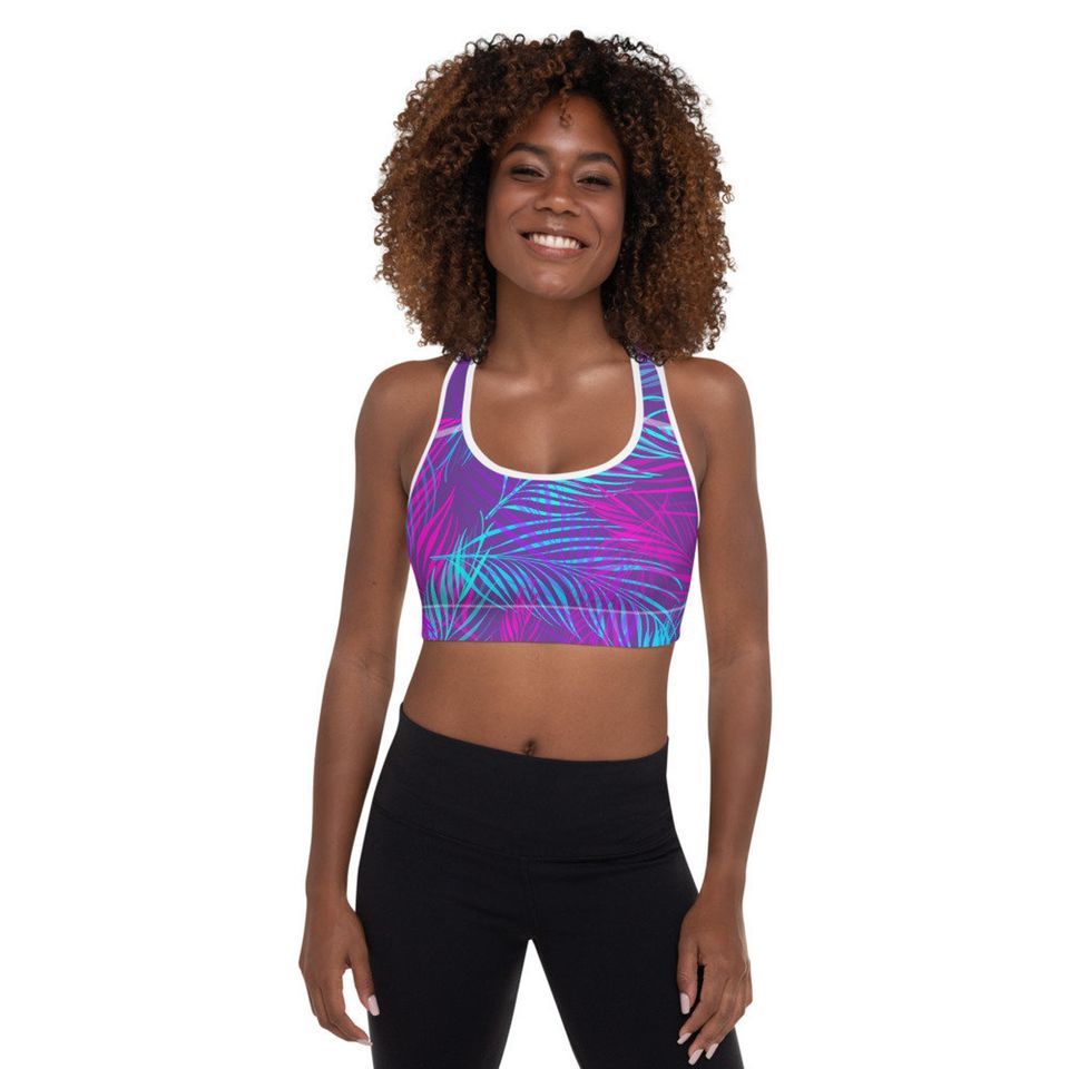 Neon Tropical Leaves Padded Sports Bra