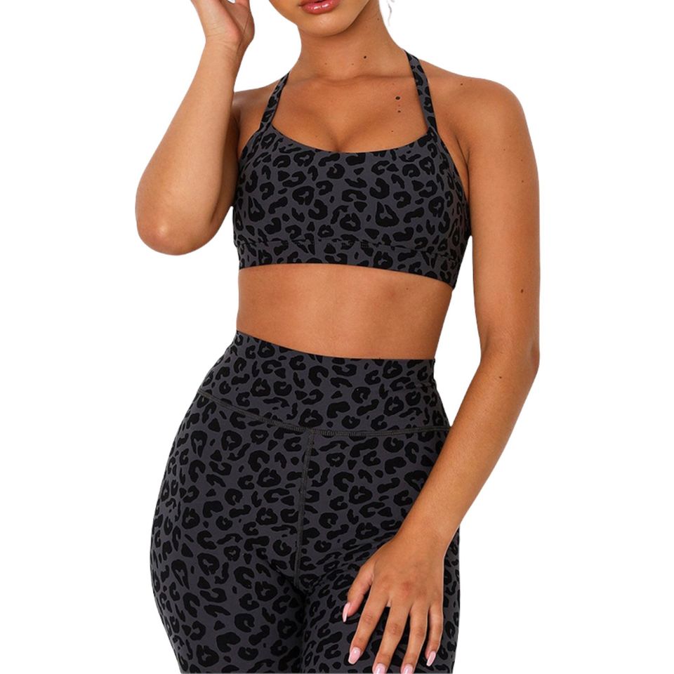 Grey Leopard Print Two Piece Yoga, Gym, and Runner Set