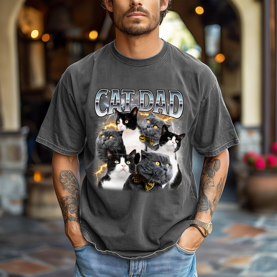 Custom Christmas Cat Dad Shirt - Personalized Photo Gift for Cat Lover, Cat Dad, or Pet Parent - Customizable Bootleg Pet Photo Tee