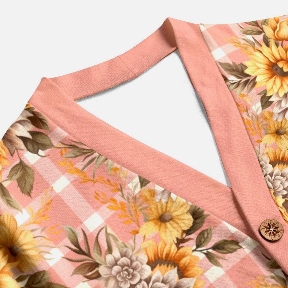 Autumn Mauve Plaid Sunflowers Button Up Cardigan Jacket