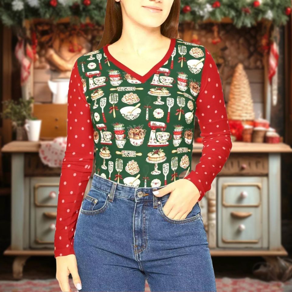 Christmas Baking Time Womens Long Sleeve Vneck Shirt