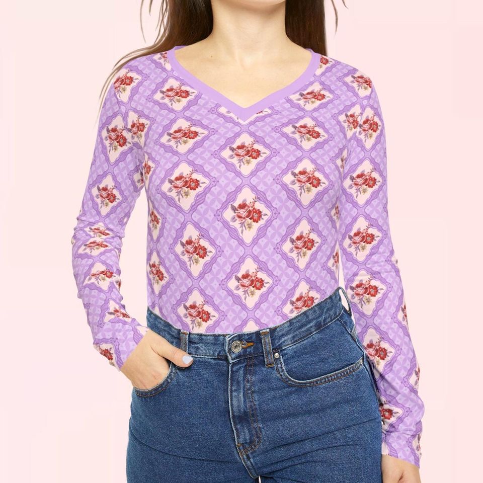 Charming Nature Lace Frames Womens Long Sleeve Vneck Shirt