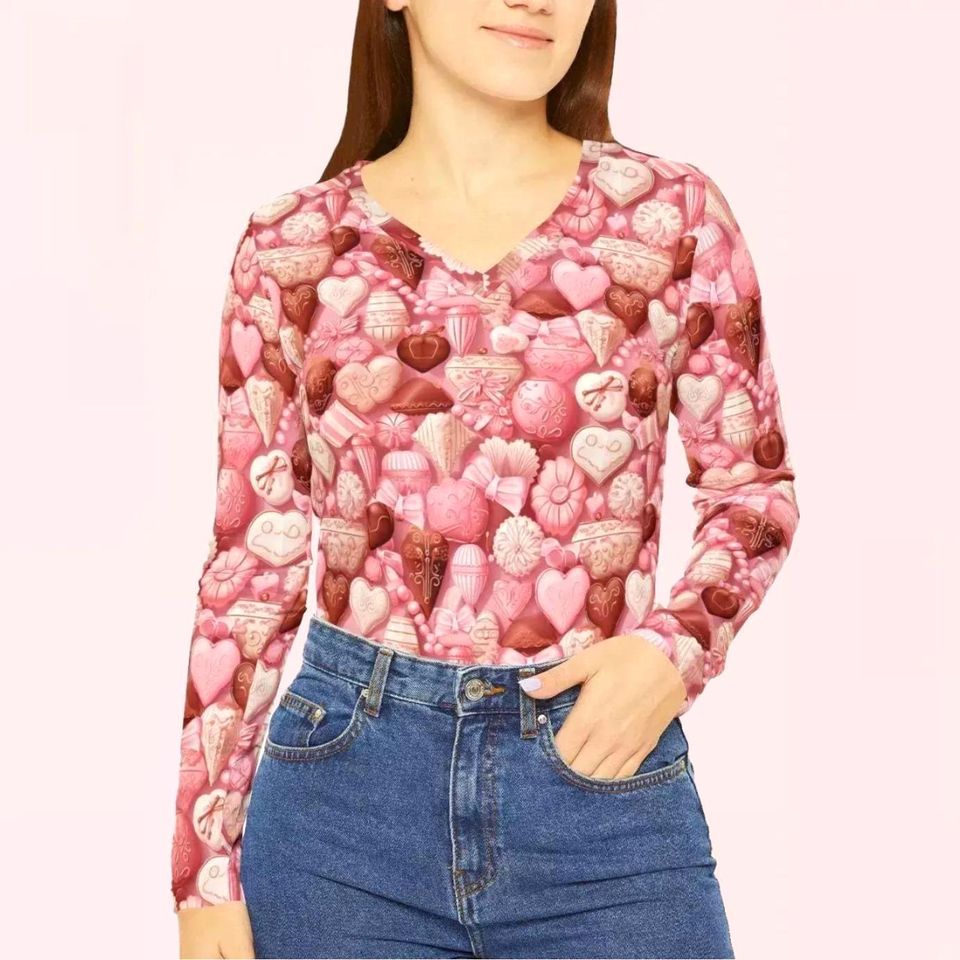 Valentines Chocolates Womens Long Sleeve Vneck Shirt