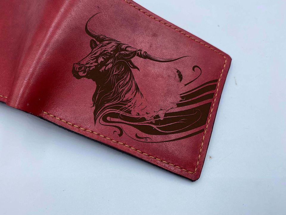 Buffalo Head Draw Leather Bifold Wallet for Men, Cowboy Cowhide Trifold Wallet