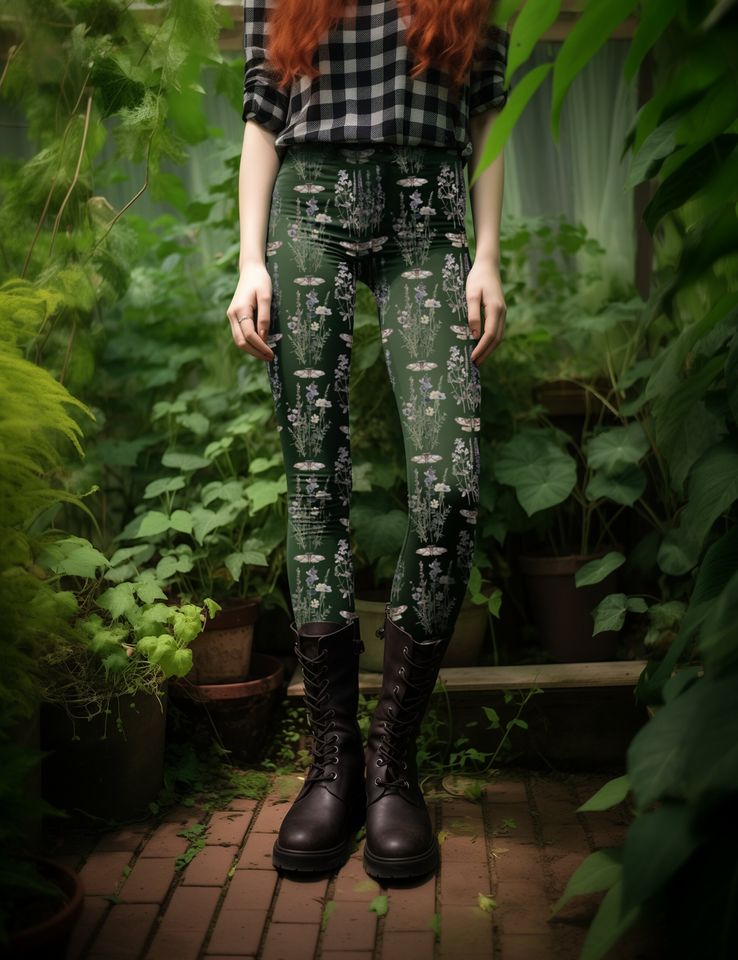 Dark Cottagecore Green Witch Wildflowers Moth Leggings