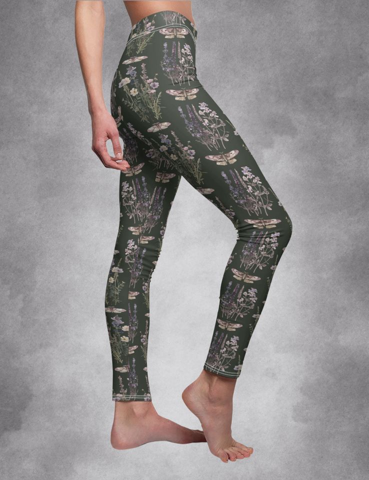 Dark Cottagecore Green Witch Wildflowers Moth Leggings