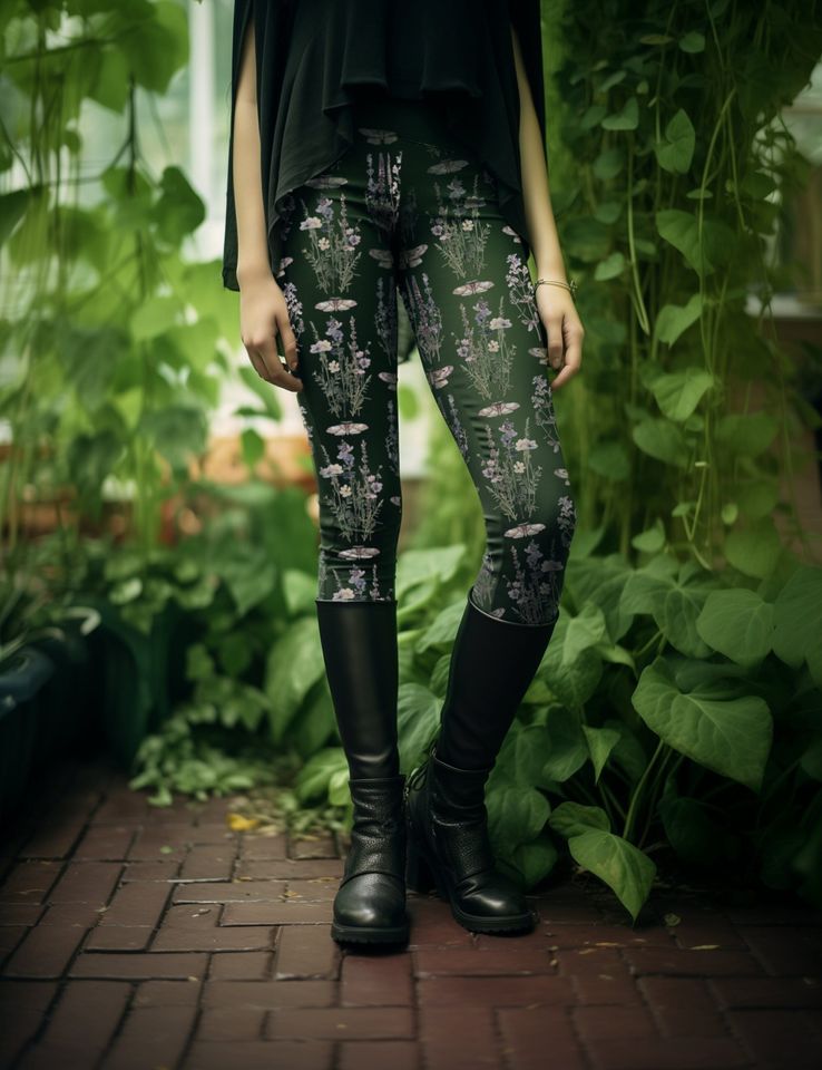 Dark Cottagecore Green Witch Wildflowers Moth Leggings