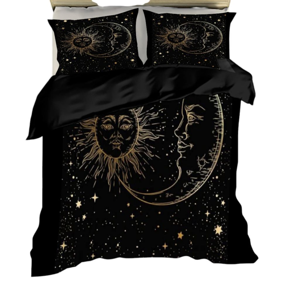 Black and Gold Celestial Bedding Set with Moon and Star Quilt