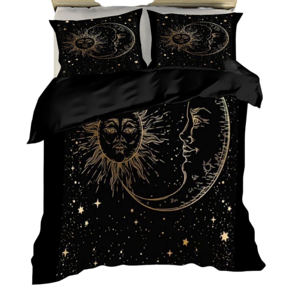 Black and Gold Celestial Bedding Set with Moon and Star Quilt