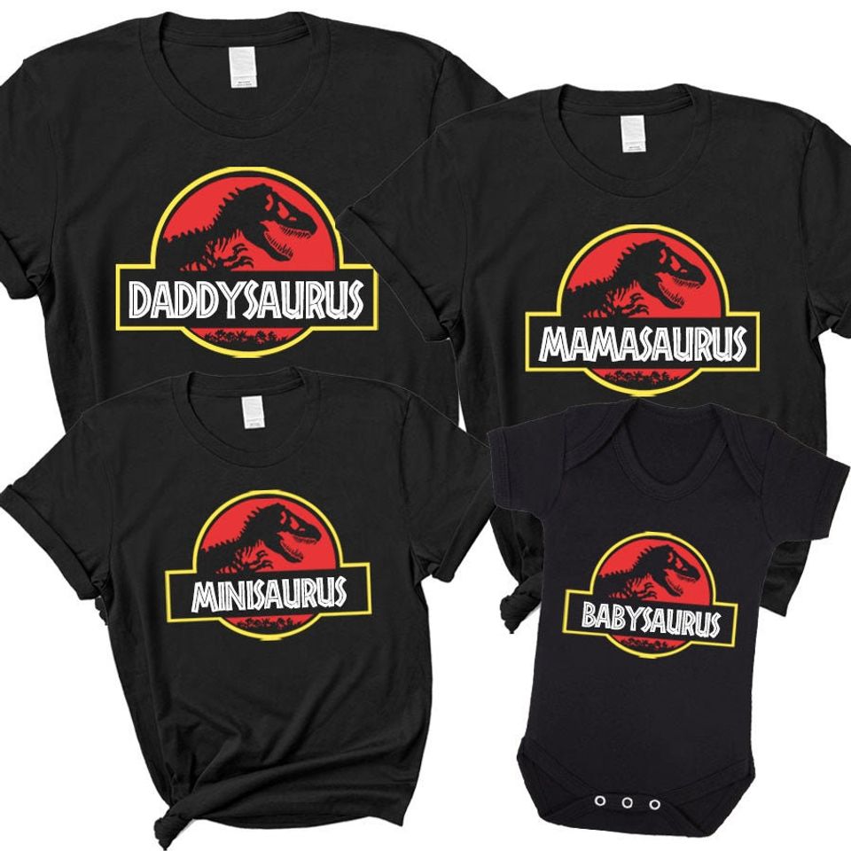Jurassic Daddy, Mama & Mini-Saurus Matching Black T-Shirt/Baby Vest
