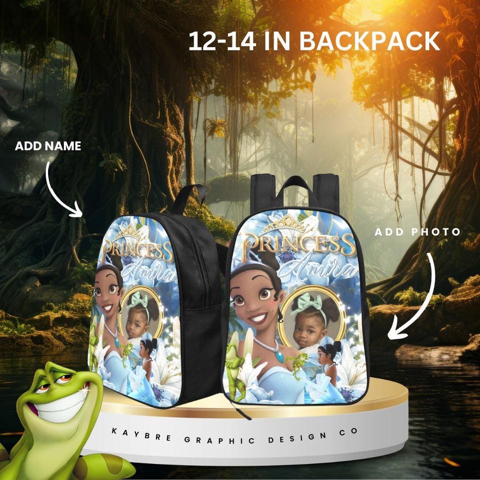 Princess Tiana and the Frog Frame Personalized Backpack, Custom Name Backpack, Backpack for Kids 14in